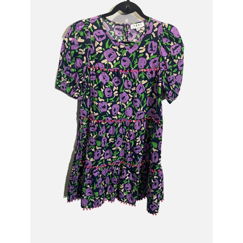 THML Mini Dress Womens M Purple Floral Pom Pom Tiered Puff Sleeve Boho THS1123-N - Picture 2 of 6